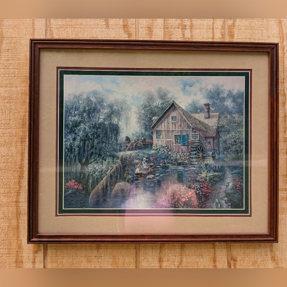 Carl Valente Framed Signed Print Willow Creek Mill Amish Print 21"L x 17"W